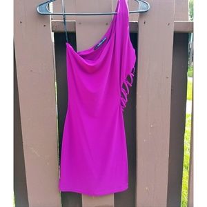 Off the shoulder, fuscia mini dress